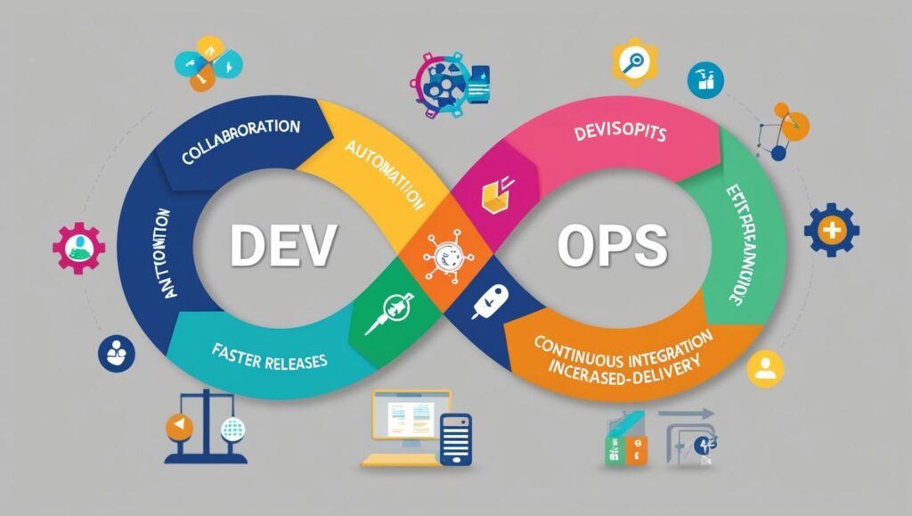 Infinity loop diagram labeled "DevOps" on a gray background. Keywords like Collaboration, Automation, and Continuous Integration are included, with tech icons.