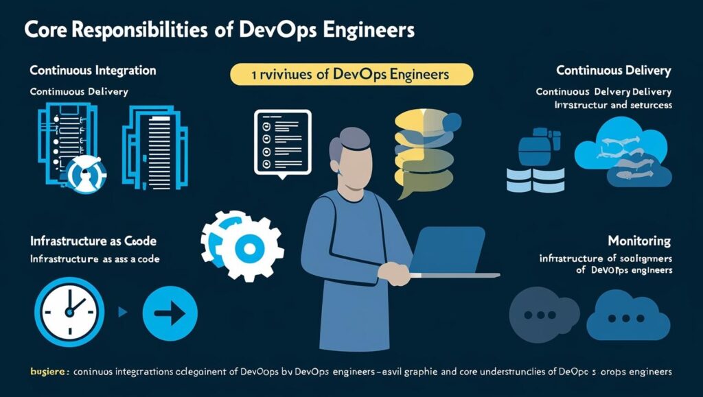 "Core Responsibilities of DevOps Engineers" with icons for continuous integration, delivery, infrastructure as code, and monitoring. A figure holds a laptop.