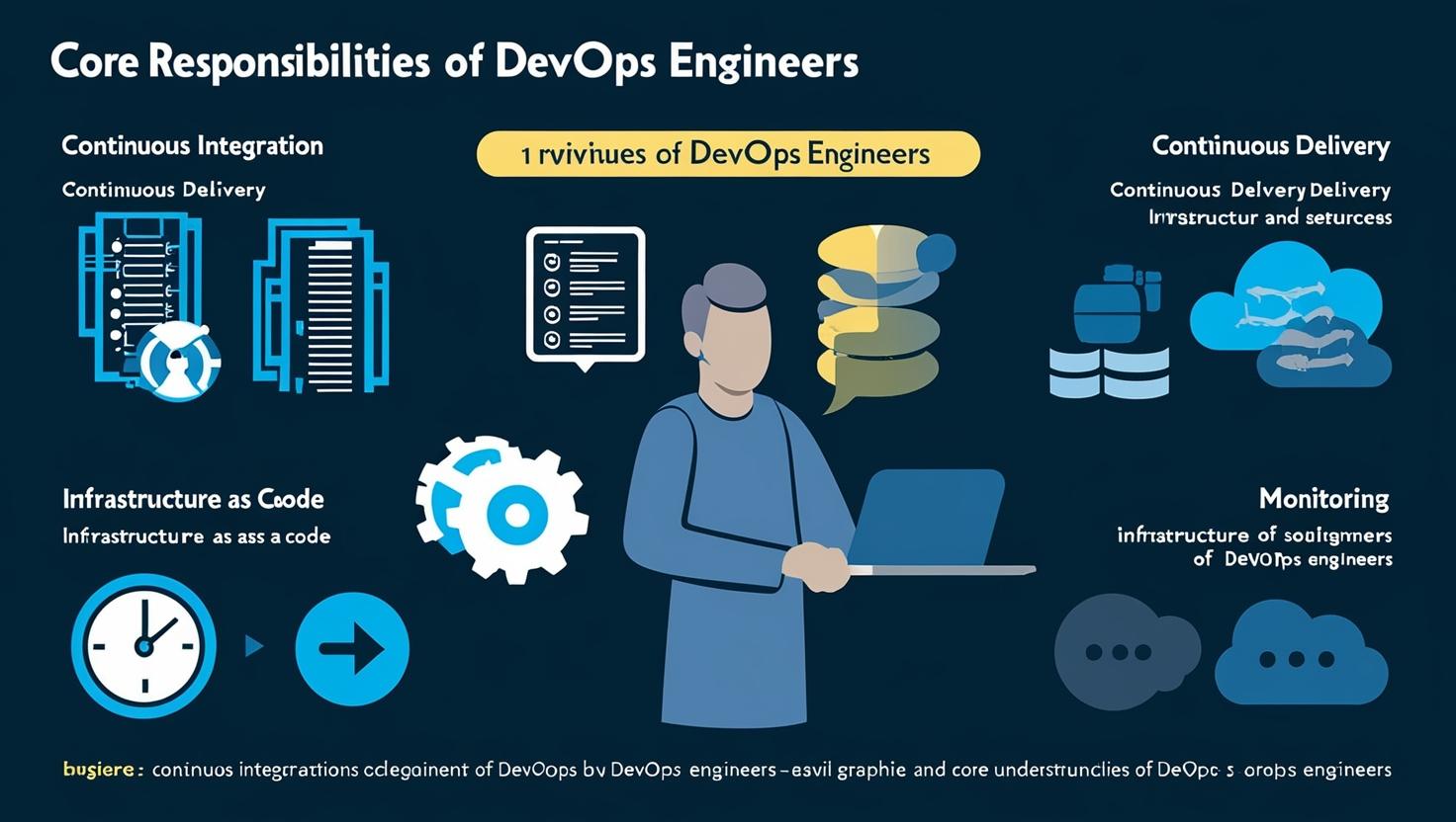"Core Responsibilities of DevOps Engineers" with icons for continuous integration, delivery, infrastructure as code, and monitoring. A figure holds a laptop.