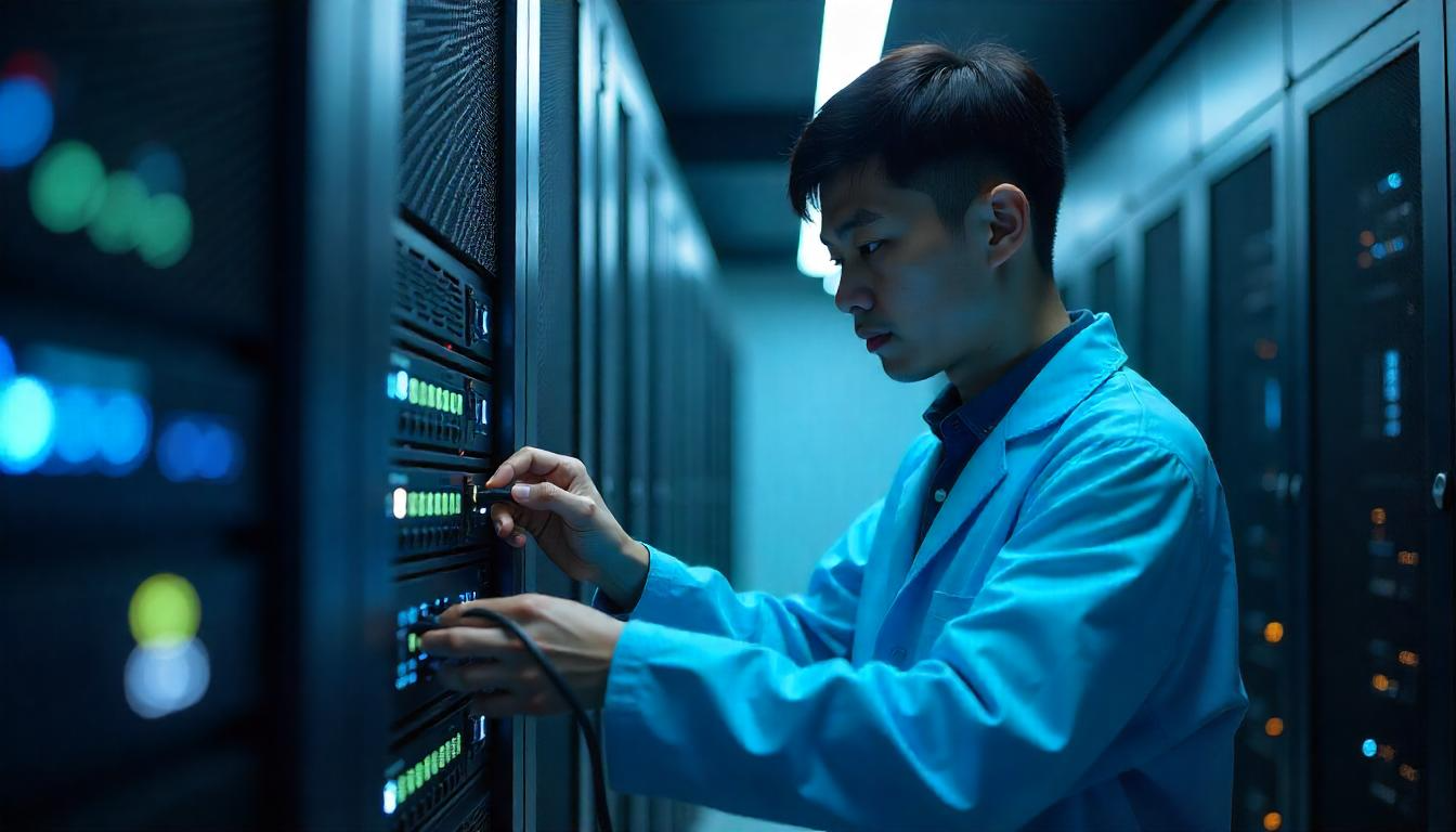 Futuristic networking lab with IT professionals managing routers and digital network diagrams.