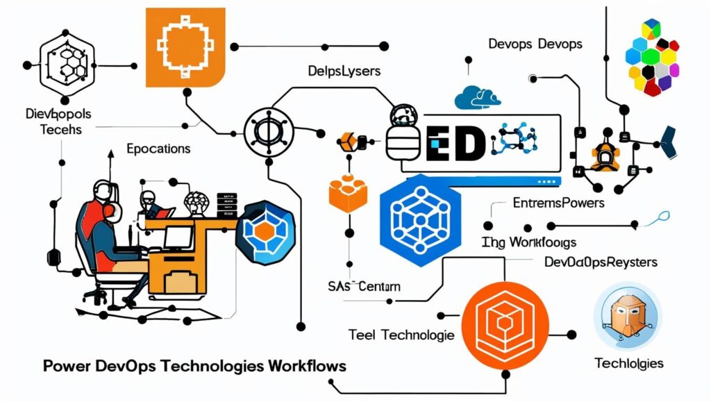 Abstract illustration depicting a tech workspace with interconnected icons and text. Themes of collaboration, innovation, and DevOps technologies.