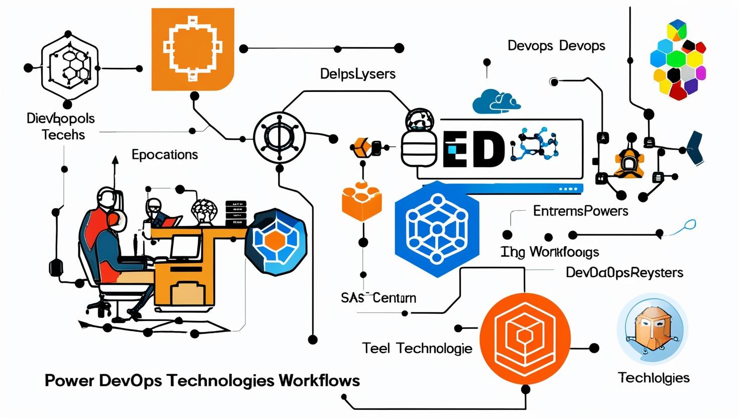 Abstract illustration depicting a tech workspace with interconnected icons and text. Themes of collaboration, innovation, and DevOps technologies.