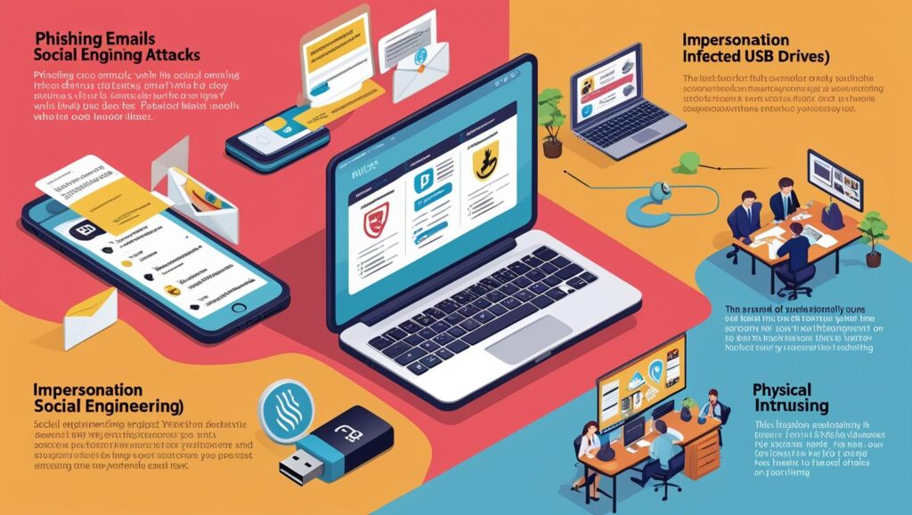 Types of social engineering attacks: phishing, baiting, pretexting, and tailgating explained visually