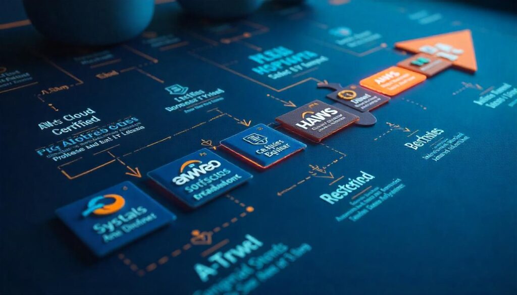 “Flowchart showing AWS Certified Cloud Practitioner to AWS Solutions Architect Associate certification path for beginners in getting started with AWS”