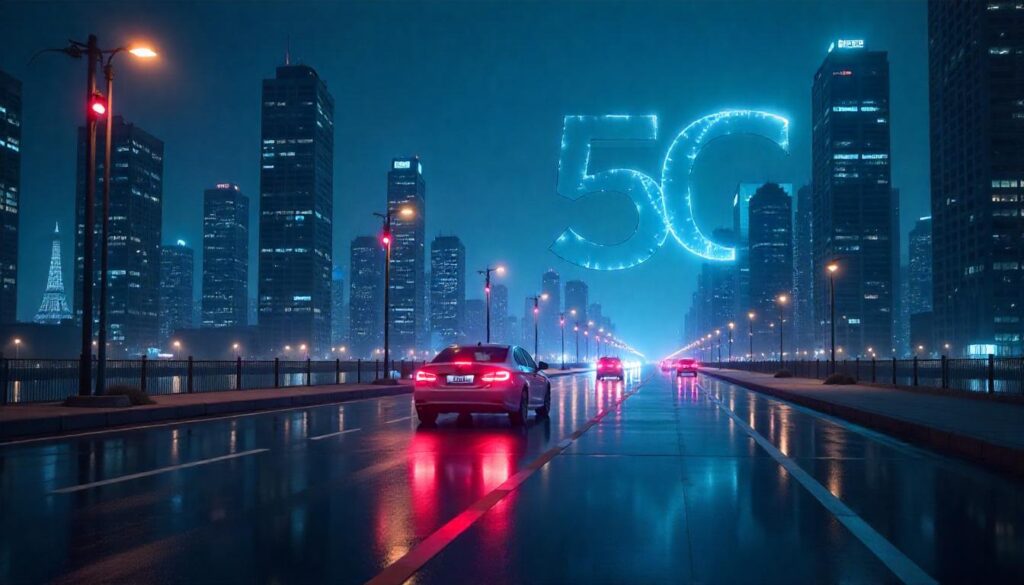 Illustration showing 5G tower with connected smart devices and city background